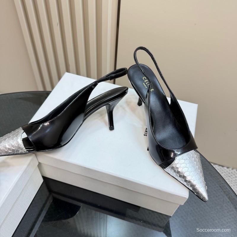 2025 Women CELINE Black White Leather Slingback Heels KFY00310