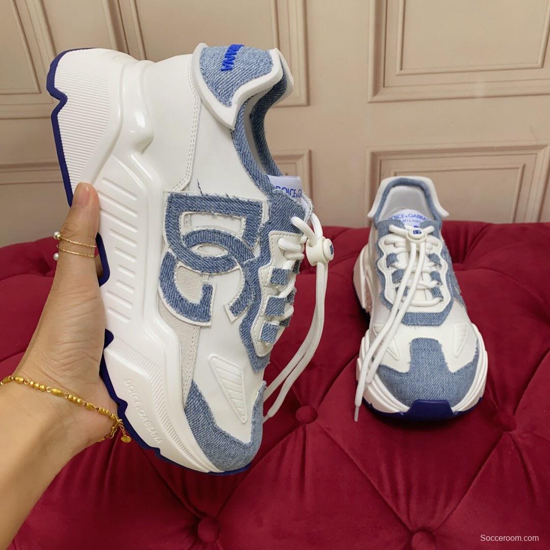 2025 Unisex Dolce & Gabbana White Blue Silk Leather Sneakers Exclusive Craft LY00330(F)/LY00340(M)