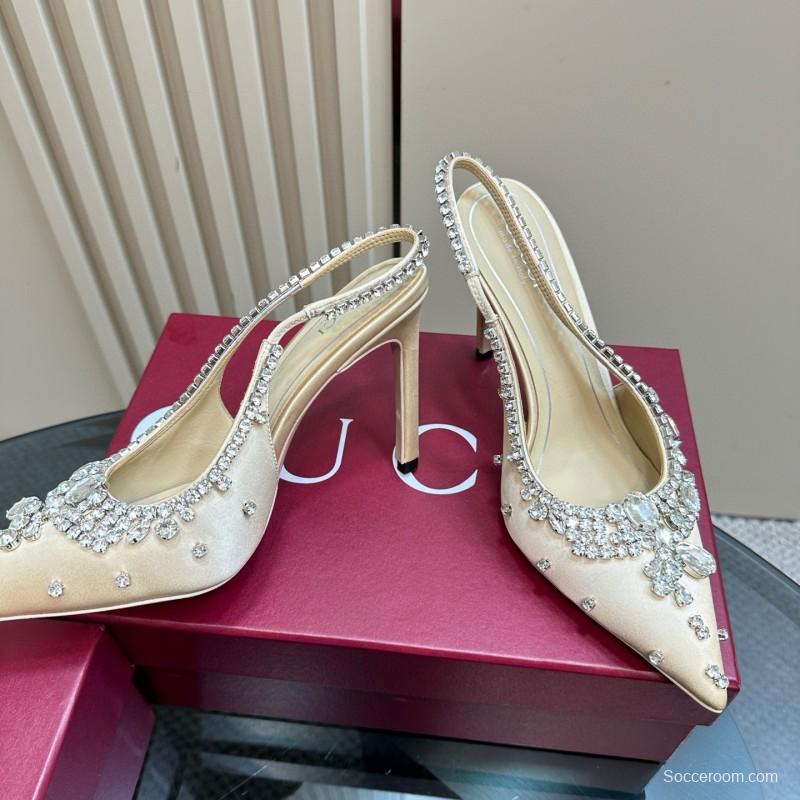 2025 Women Gucci Beige Silk Crystal Embellished Slingback Heels MJ00340