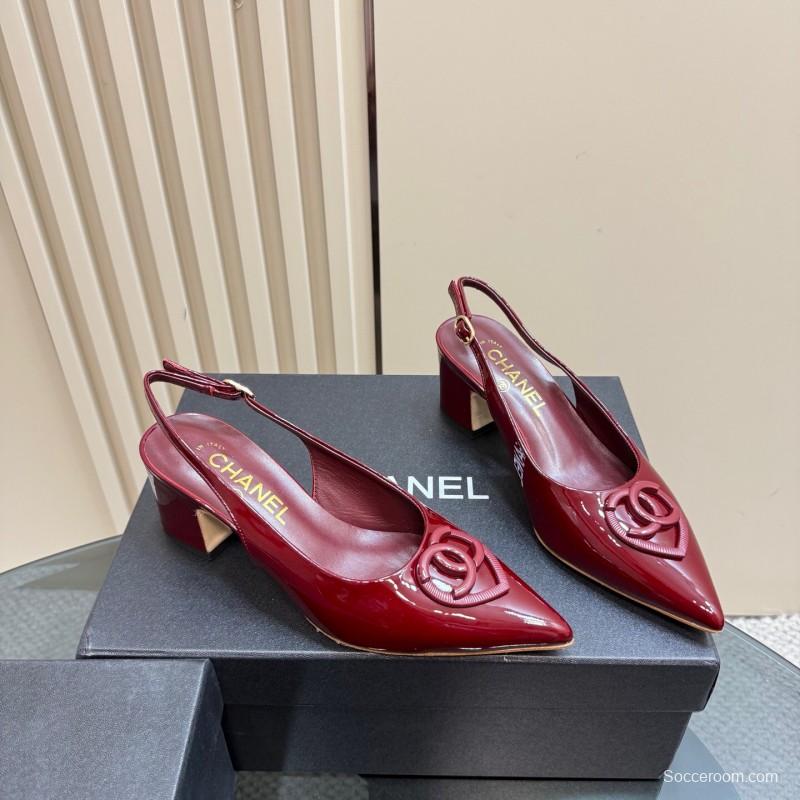 2025 Women Chanel Burgundy Patent Leather Slingback Pumps