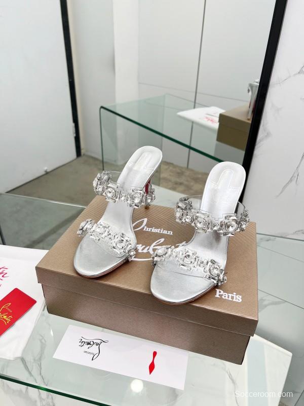 2025 Women Christian Louboutin Silver Leather High Heel Sandals Diamond Decoration LY00300