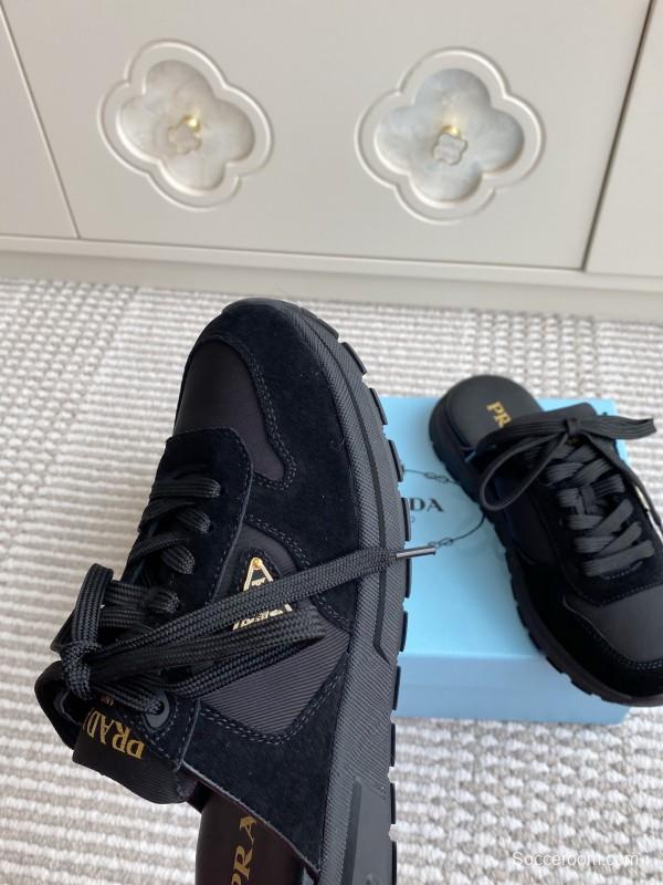 2025 Women Prada Black Nylon Leather Sneakers LY00290