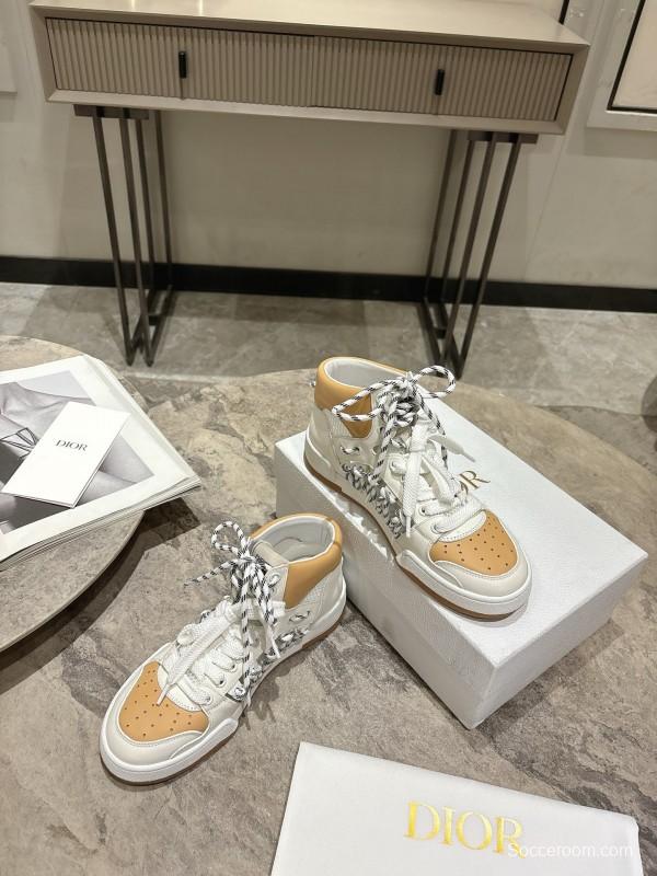 2025 Women Dior White Beige Leather Mesh High Top Sneakers