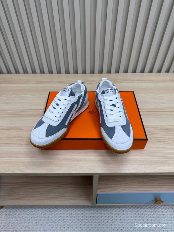 2025 Unisex Hermès White Grey Suede Canvas Sneakers KFY00300