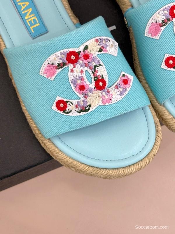 2025 Slippers Chanel Light Blue Fabric Women Embroidered Floral CC Logo KFY00230