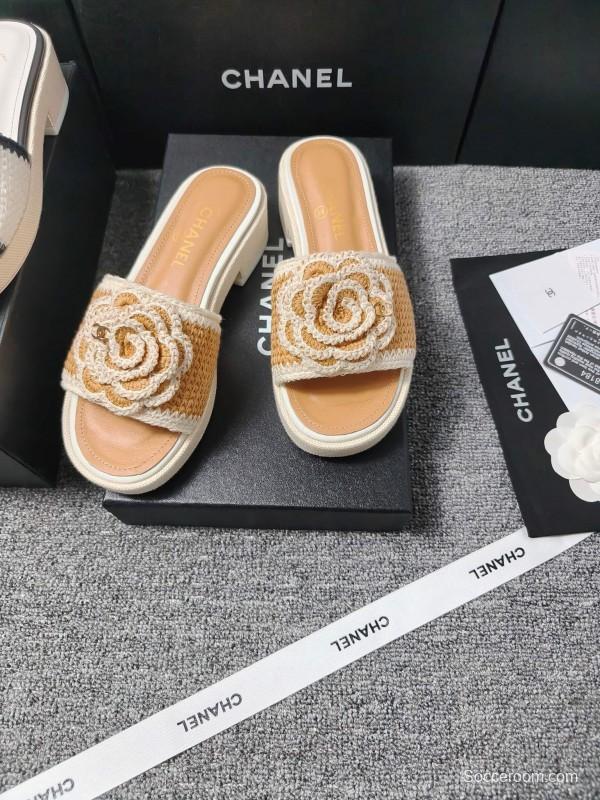 2025 Slippers Chanel Beige White Crochet Flower LY00260