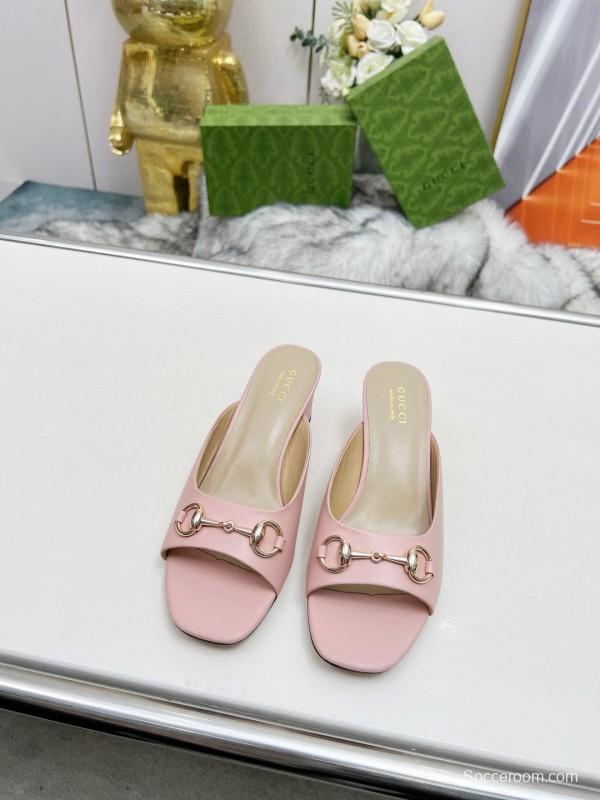 2025 Women Gucci Pink Leather Block Heel Mules MJ00180