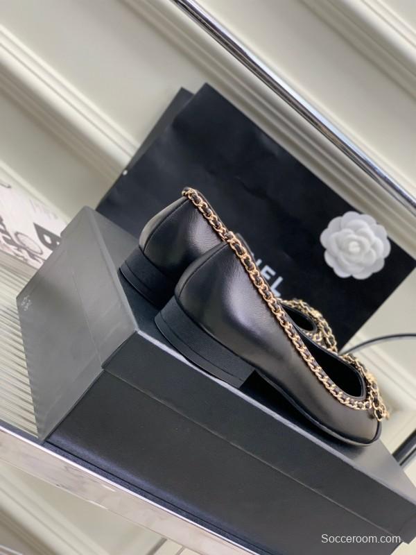 2025 Women Chanel Black Gold Leather Ballet Flats