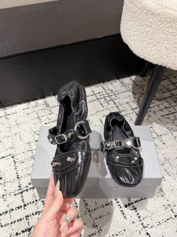 2025 Women Balenciaga Black Leather Ballet Shoes