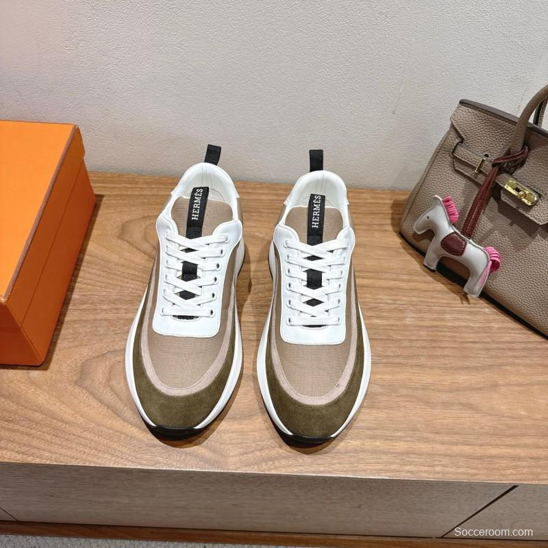 2025 Unisex HERMES White Beige Khaki Fabric Leather Sneakers AS00400
