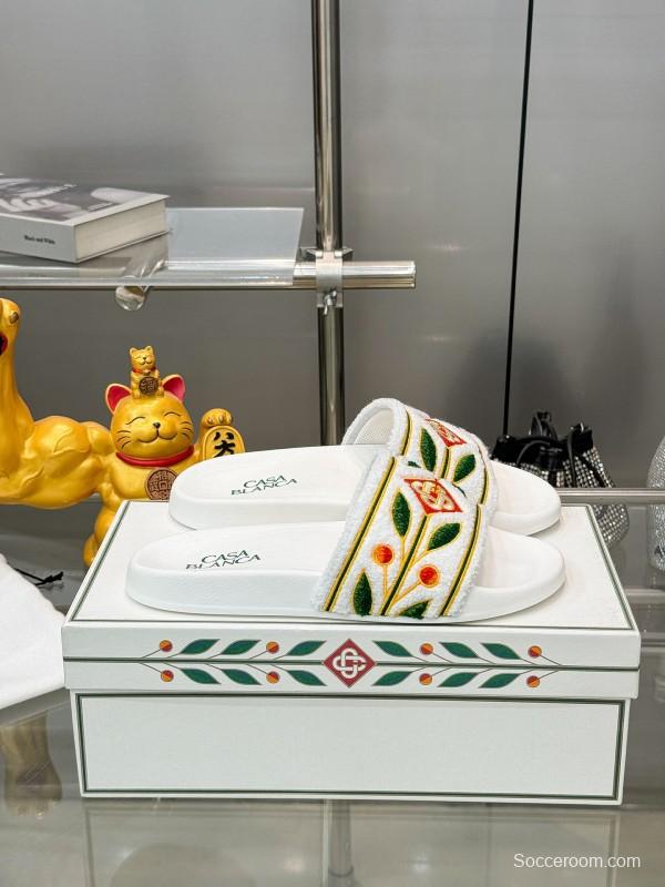 2025 Men CASA BLANCA White Green Red Embroidered Leather Slippers KFY00160