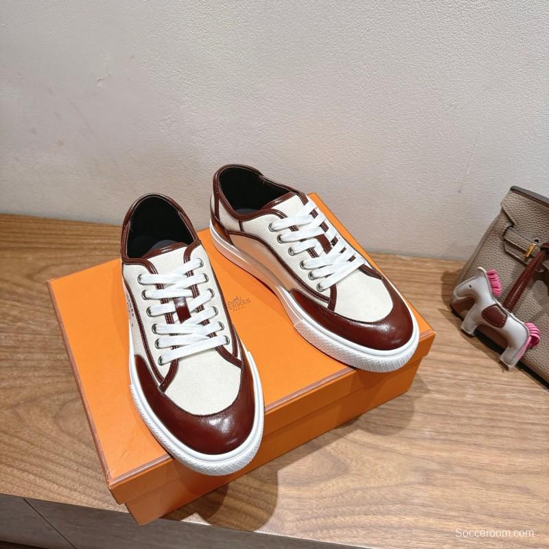 2025 Unisex Hermes Brown White Fabric Leather Sneakers AS00380