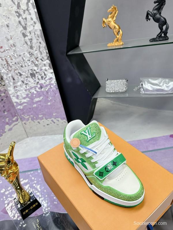 2025 Unisex Louis Vuitton Green White Leather Fabric Plimsolls Handmade Crystal Detailing AS00400