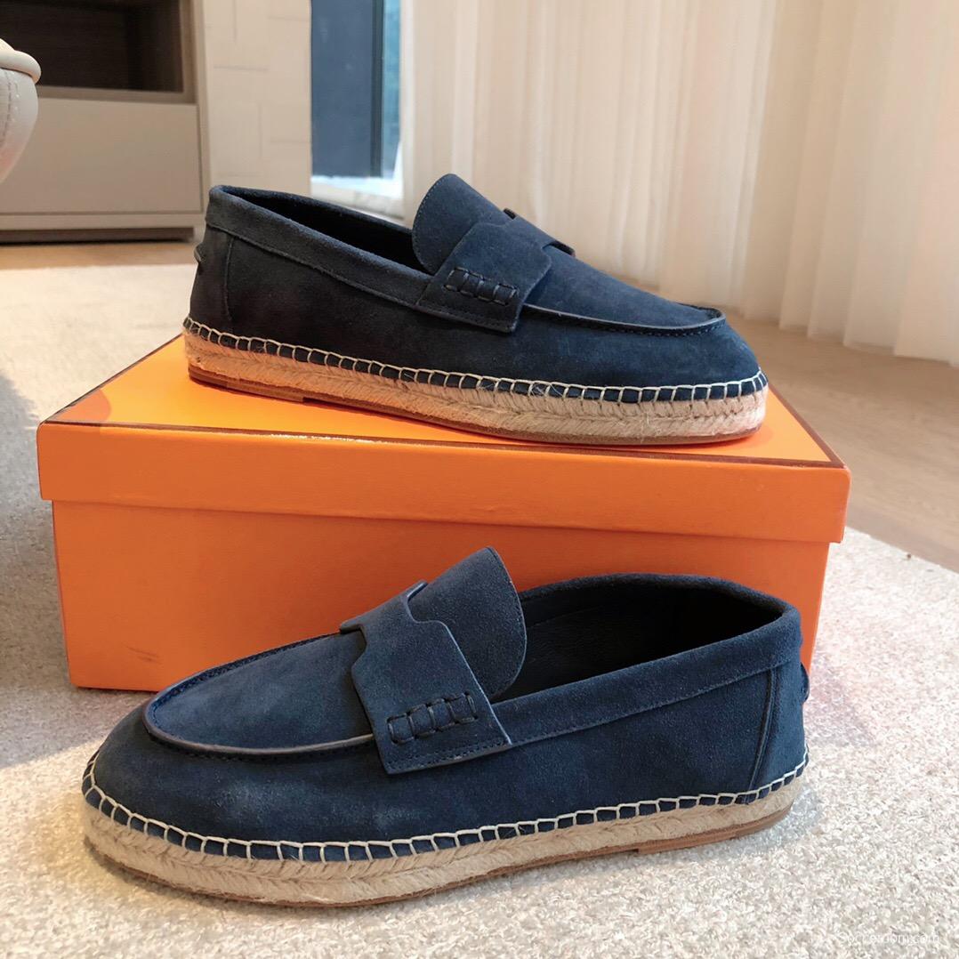 2025 Unisex Hermès Navy Blue Suede Calfskin Loafers AS00380
