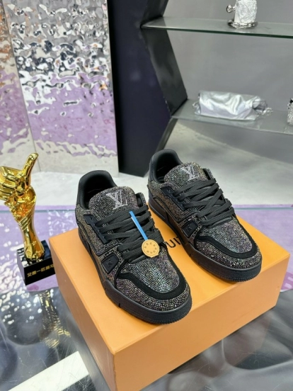2025 Unisex Louis Vuitton Black Handmade Rhinestone Leather Fabric Plimsolls LV Trainer AS00400