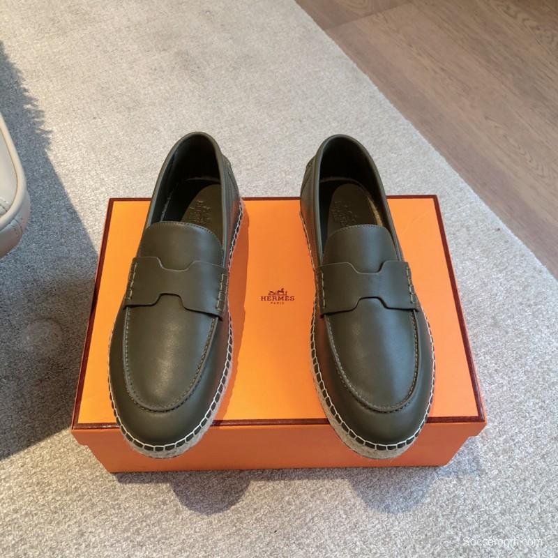 2025 Unisex Hermès Dark Green Calfskin Loafers AS00380
