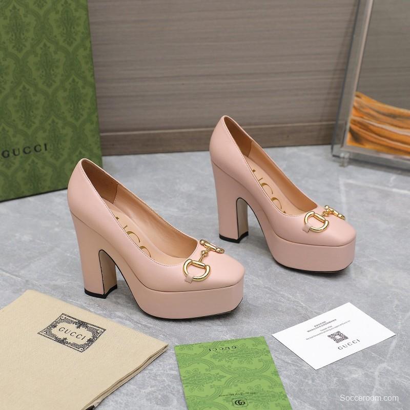 2025 Women Gucci Pink Leather Platform Pumps KFY00320