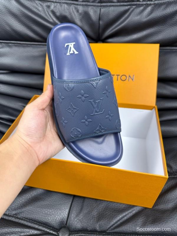 2025 Men Louis Vuitton Blue Leather Slippers AS00170