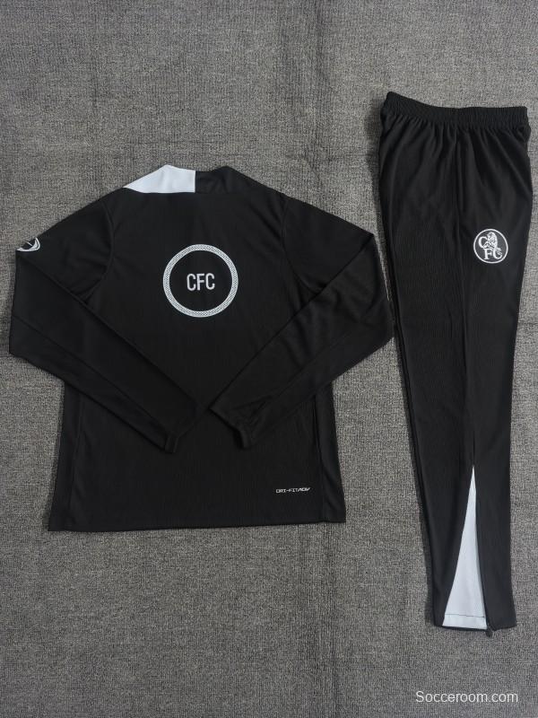 Player Version 25/26 Kids Chelsea Black T90 Half Zipper Jacket+Long Pants