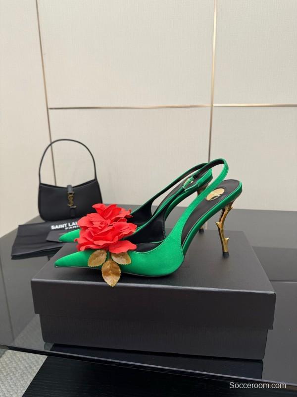Saint Laurent 2025 Spring/Summer Rose Thorn High Heels with Sculptural Gold Heel - KFY00320