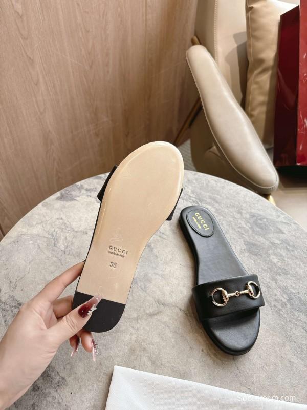 Gucci 2025/SS Leather Mule Sandals with Light Gold Hardware - 8023-3