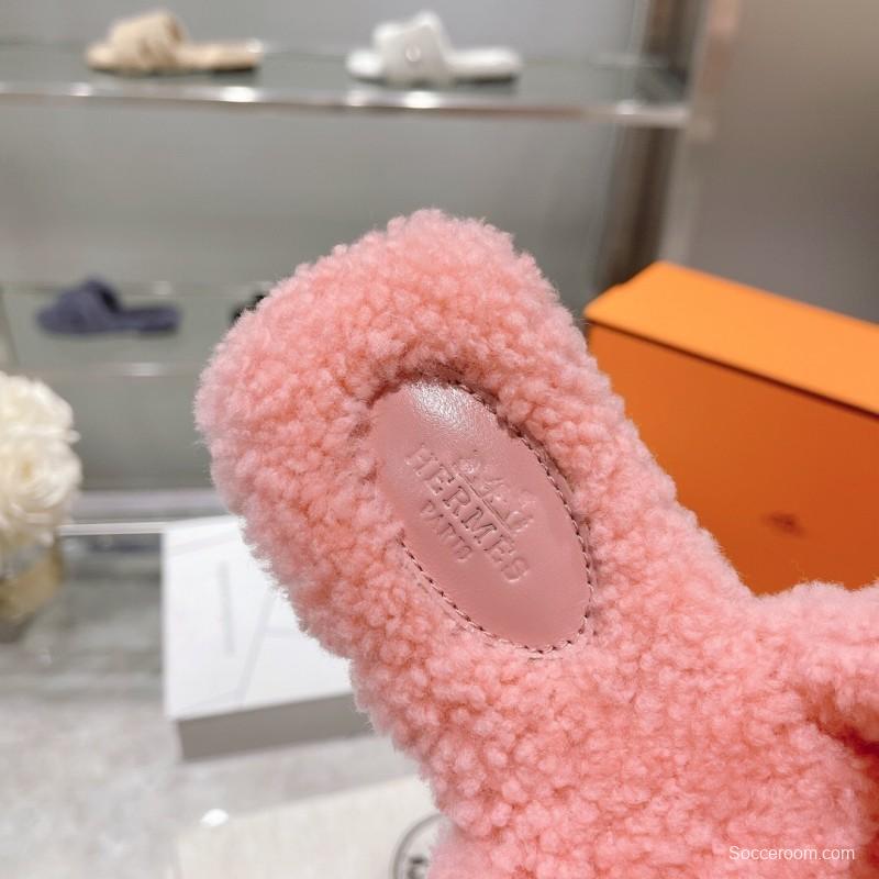 H Teddy Wool H Slippers Flat Sole Autumn Winter - LY00240