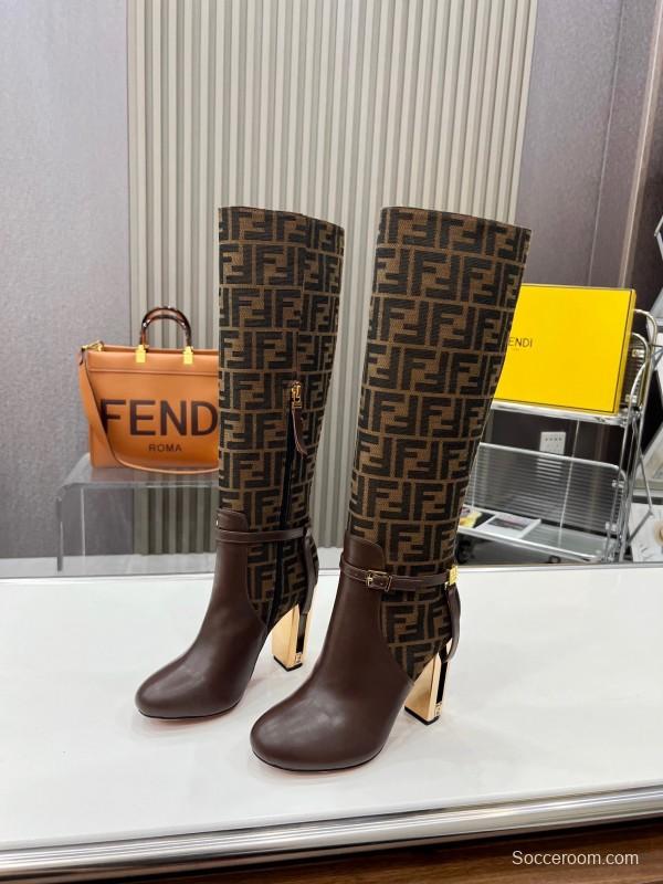 FENDI Delfina Round Toe Boots with FF Buckle and Heel Detailing - LY00