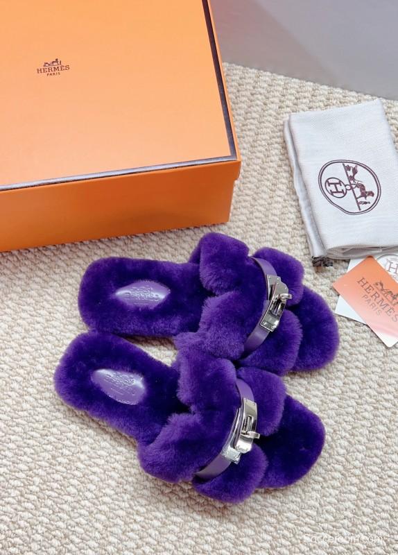 Hermès 2025/SS Teddy Wool H Slippers Flat Fur Slides - LY00260/230