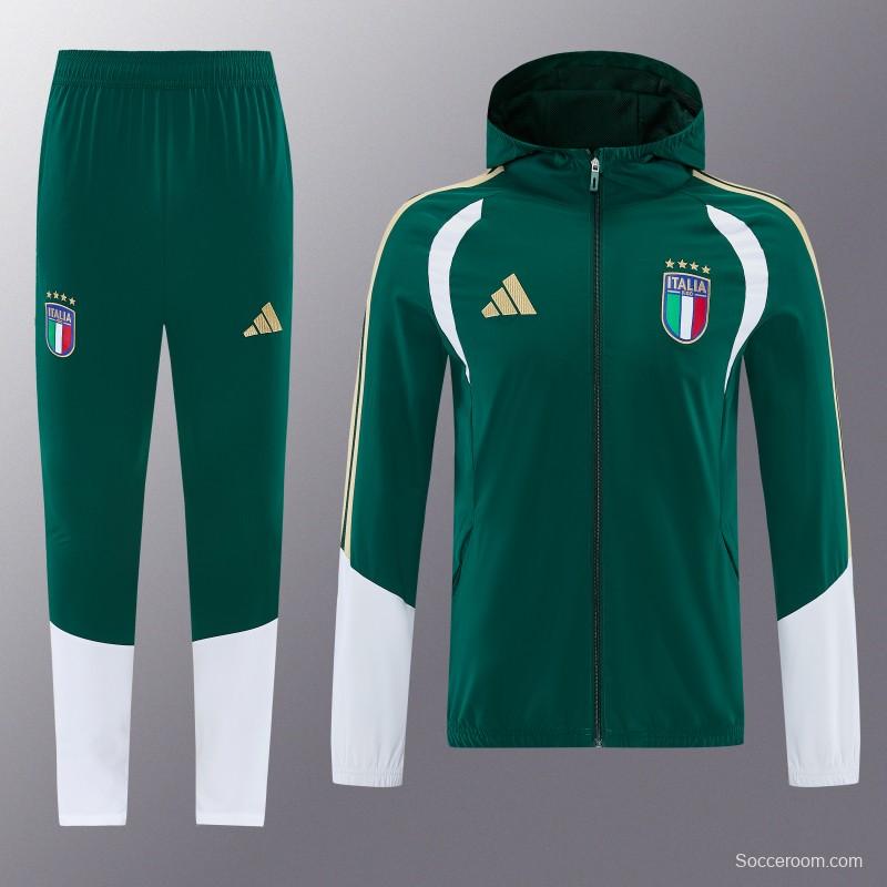 2026 Italy Green Hoodie Full Zipper Windbreaker + Long Pants