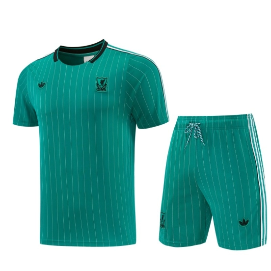 26/27 Liverpool   Green Pinstripe  Short Sleeve+Soccer Shorts