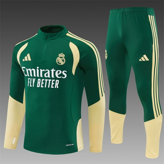 2026 Real Madrid Green & Cream  Half Zipper Jacket Tracksuit + Long Pants