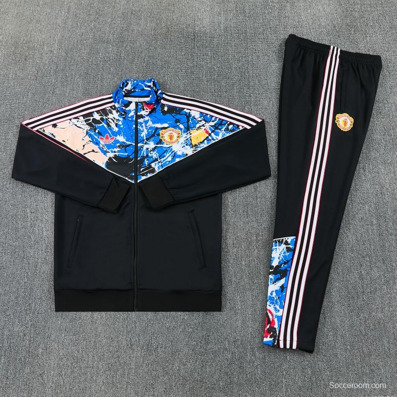 2026/27 Manchester United Black Grunge Splatter Paint Full Zipper Jacket Tracksuit + Long Pants