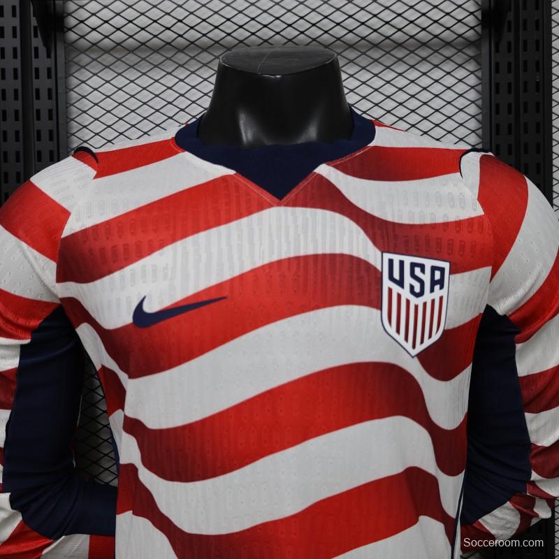 Player Version 2026 USA White & Red with Wave Stripe Long Sleeve Home Jersey