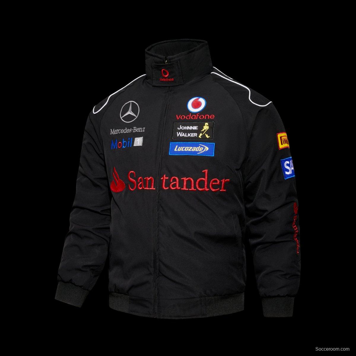 2026 F1 McLaren Mercedes-Benz Vodafone F1 Team Black Racing Jacket with Santander Mobil 1 Johnnie Walker Sponsor Patches